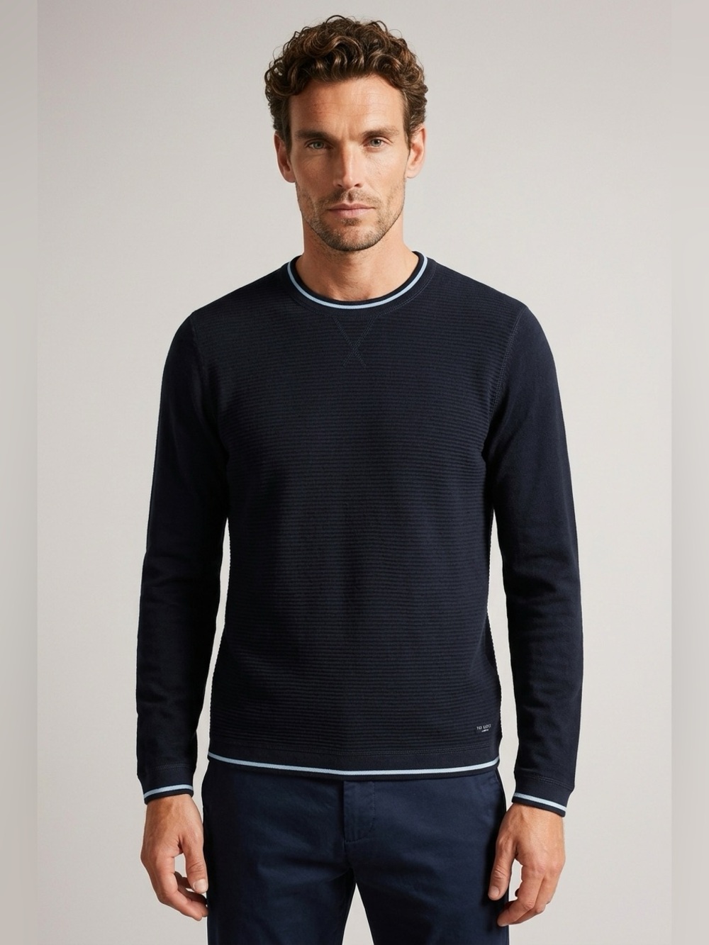 Ted Baker Navy Crewneck Sweater with Light Blue Trim
